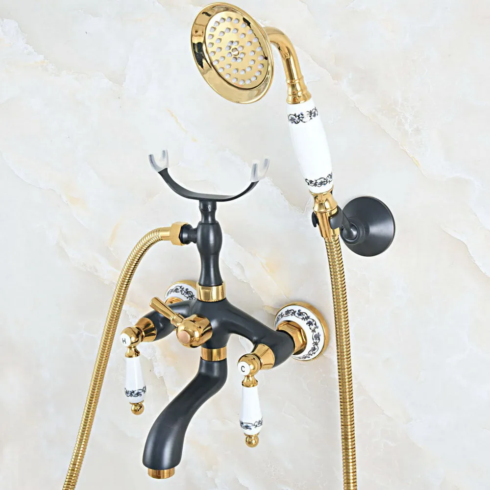 Black Oil Rubbed & Gold Brass 2 Handle Wall Mount Bathroom Bath Tub Faucet Set with 1.5M Hand Held Shower Spray Mixer Tap 2na547
Black Oil Rubbed & Gold Brass 2 Handle Wall Mount Bathroom Bath Tub Faucet Set with 1.5M Hand Held Shower Spray Mixer Tap 2na547