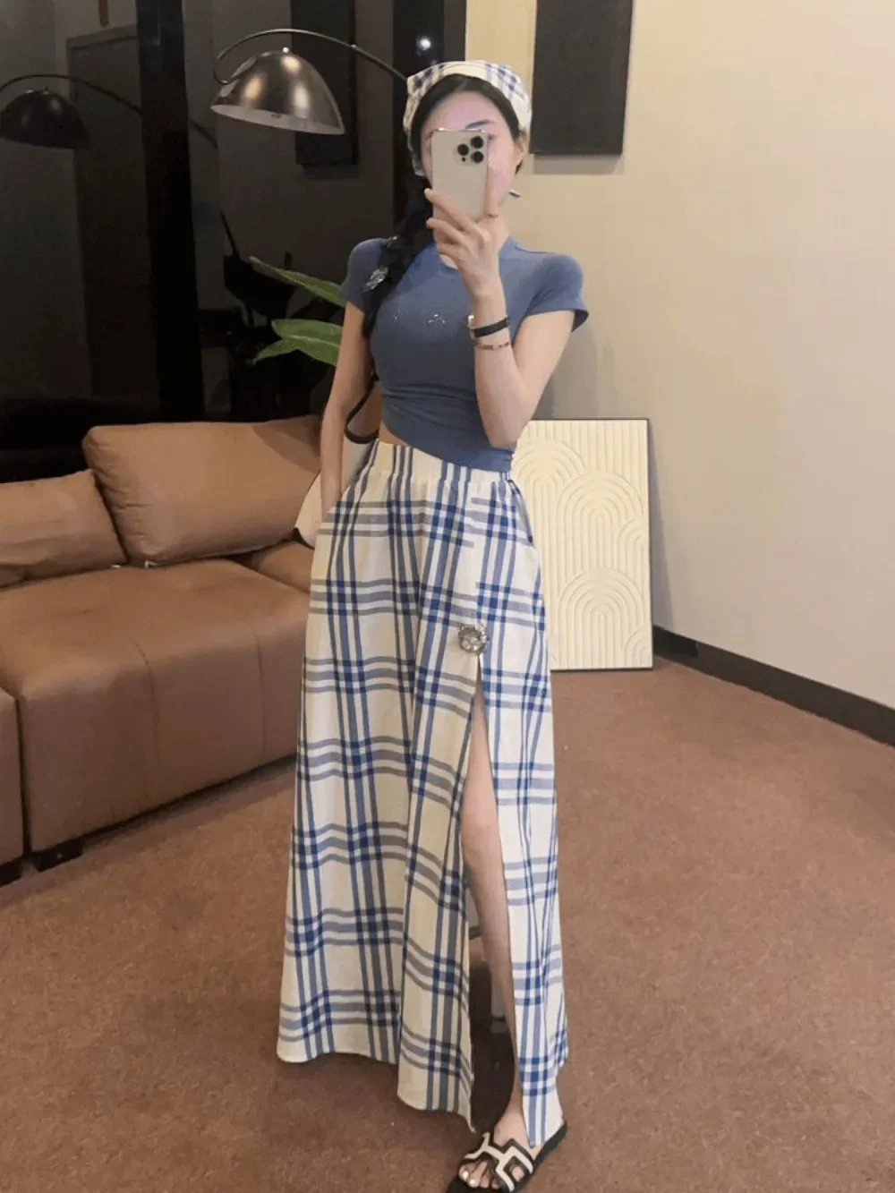 Short Short Sleeve Vintage Blue White Clash Color Plaid Pleated High Waist Large Swing Umbrella Halter Long Skirt Set Skirt Set
Short Short Sleeve Vintage Blue White Clash Color Plaid Pleated High Waist Large Swing Umbrella Halter Long Skirt Set Skirt Set