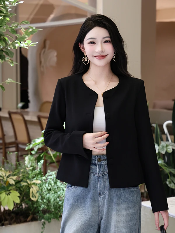 Elegant Black Short Sleeveless Women's Outerwear Fashionable Commute Style Long Sleeve round Neck Polyester Fiber Coat
Elegant Black Short Sleeveless Women's Outerwear Fashionable Commute Style Long Sleeve round Neck Polyester Fiber Coat