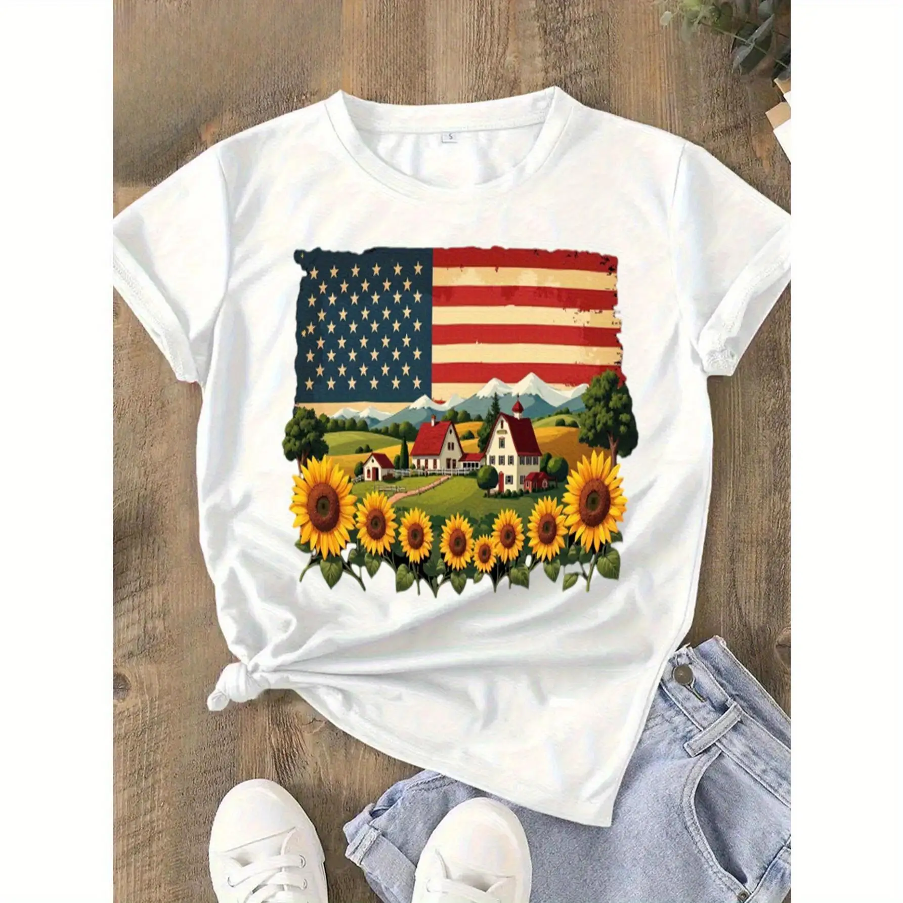 Women'S Plus Size Vintage Patriotic T-Shirt - 100% American Flag & Sunflower Farmhouse Design, Casual Short Sleeve Round Neck
Women'S Plus Size Vintage Patriotic T-Shirt - 100% American Flag & Sunflower Farmhouse Design, Casual Short Sleeve Round Neck