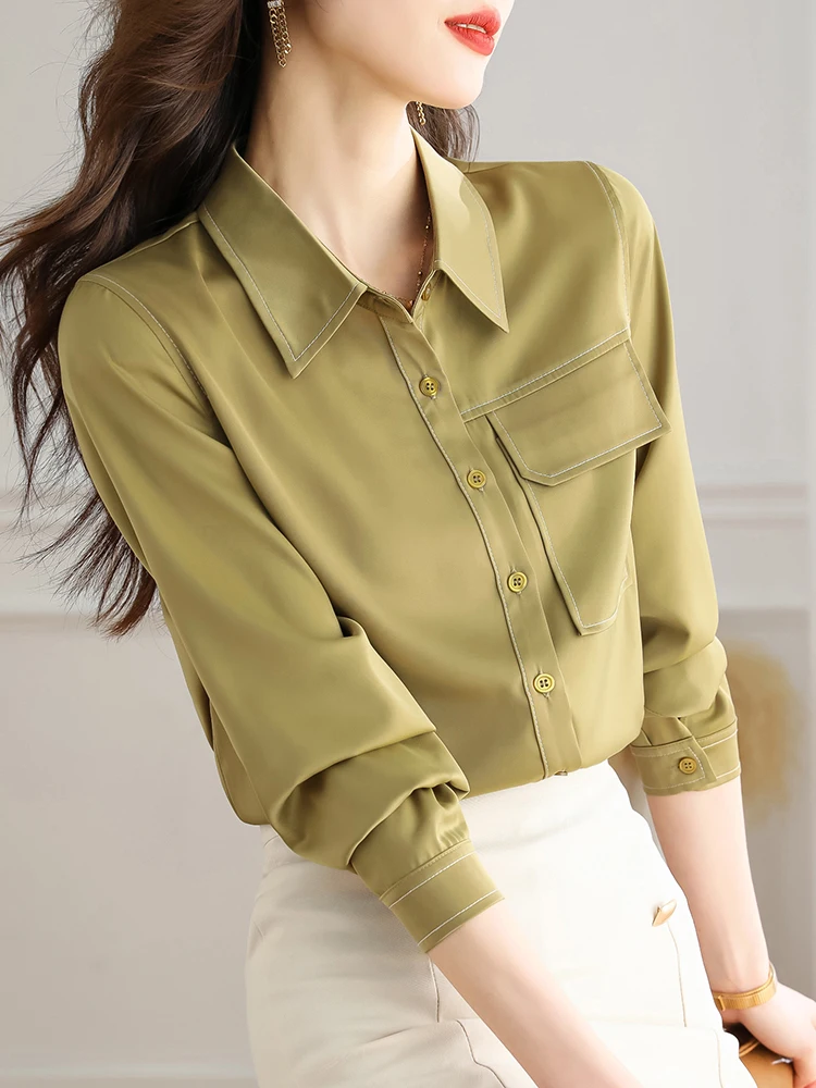 Women Blouses And Shirts Office Lady Turn-down Collar Long Sleeve Blouse Casual Women's Clothing Solid Color Pockets Slim Tops
Women Blouses And Shirts Office Lady Turn-down Collar Long Sleeve Blouse Casual Women's Clothing Solid Color Pockets Slim Tops