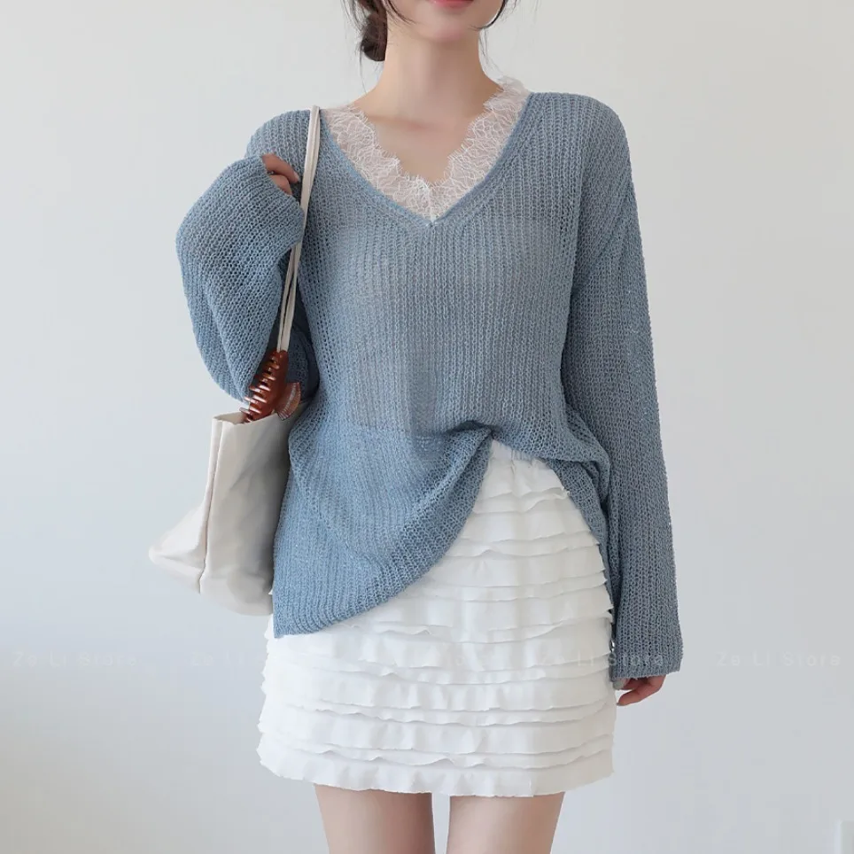 Korean New V-neck Lace Patchwork Knit Top - Women's Elegant French Romantic Summer Loose Sun Protection Cardigan
Korean New V-neck Lace Patchwork Knit Top - Women's Elegant French Romantic Summer Loose Sun Protection Cardigan