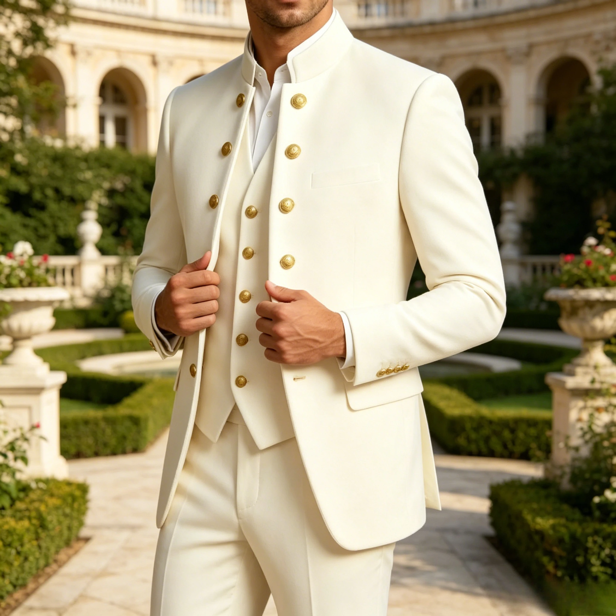 Men's Stand Collar Suit Set Double Breasted Solid Color Wear Wedding Groom Party Elegant Tailored Design Suits Three Piece
Men's Stand Collar Suit Set Double Breasted Solid Color Wear Wedding Groom Party Elegant Tailored Design Suits Three Piece