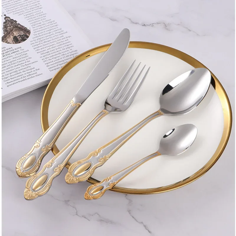 Golden Cutlery Set,Luxury Retro Western Flatware Set,Dinner Serving for 6,Includes Spoons, Forks,Knifes,Dishwasher Safe
Golden Cutlery Set,Luxury Retro Western Flatware Set,Dinner Serving for 6,Includes Spoons, Forks,Knifes,Dishwasher Safe