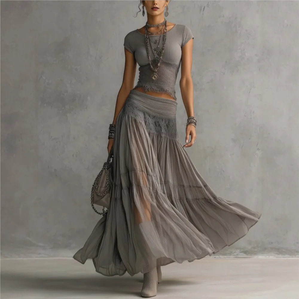 Knitted Top+Chiffon Long Skirt Suit Women's Fashionable Mesh Splicing Solid Color Casual Round Neck Flowing Skirt Two-piece Set
Knitted Top+Chiffon Long Skirt Suit Women's Fashionable Mesh Splicing Solid Color Casual Round Neck Flowing Skirt Two-piece Set