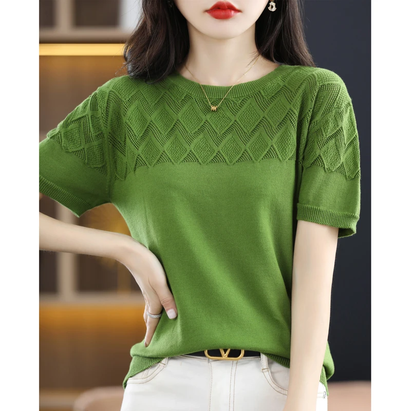 2025 Cotton Thread Knitted Short Sleeve T-shirt Ladies Summer Thin Vest Round Neck Hollow Loose Tops Half Sleeve Bottoming Shirt
2025 Cotton Thread Knitted Short Sleeve T-shirt Ladies Summer Thin Vest Round Neck Hollow Loose Tops Half Sleeve Bottoming Shirt