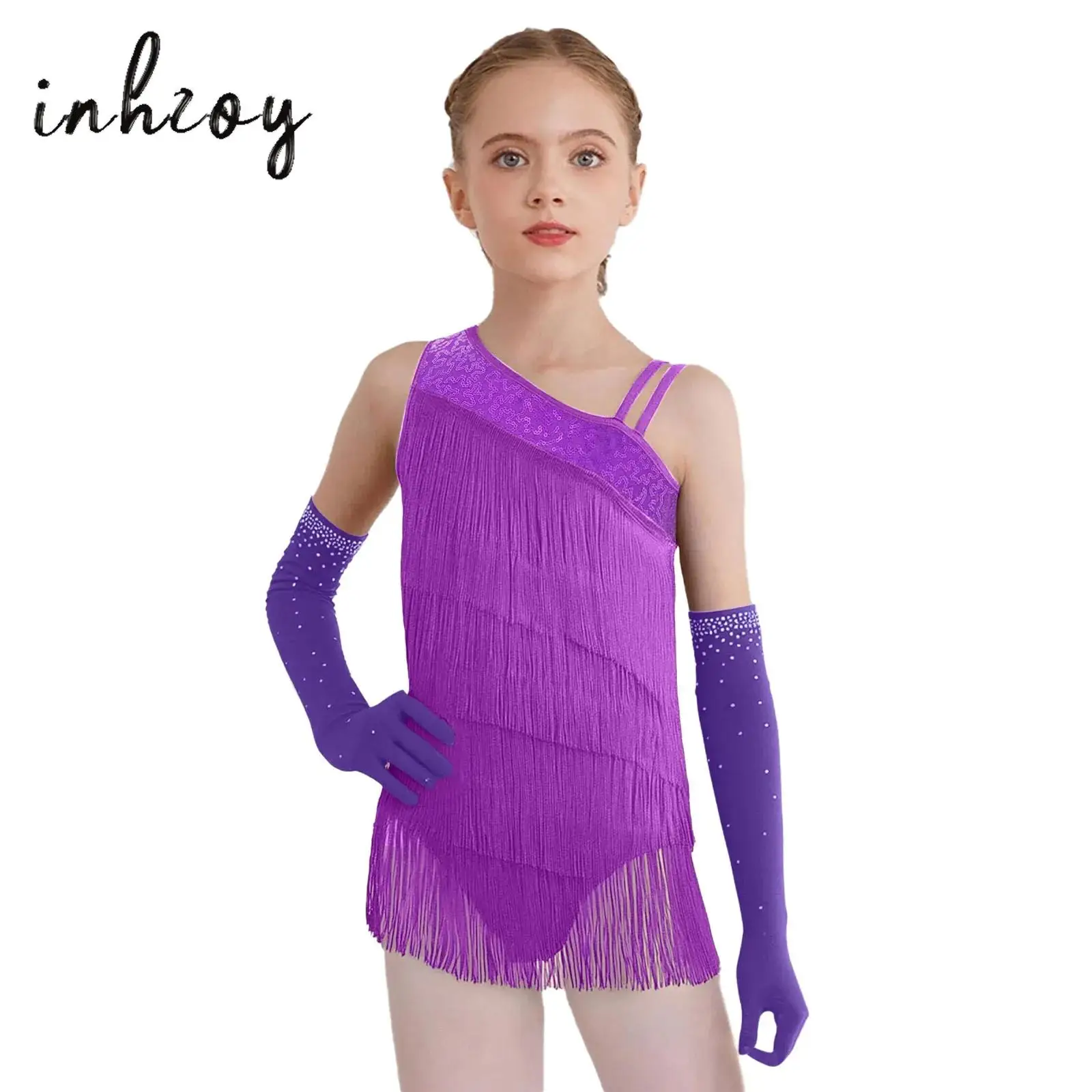 Kids Girls Ballroom Salsa Tango Latin Dance Dress Outfit Sleeveless Tiered Tassels Asymmetrical Sequins Leotard with Gloves Set
Kids Girls Ballroom Salsa Tango Latin Dance Dress Outfit Sleeveless Tiered Tassels Asymmetrical Sequins Leotard with Gloves Set