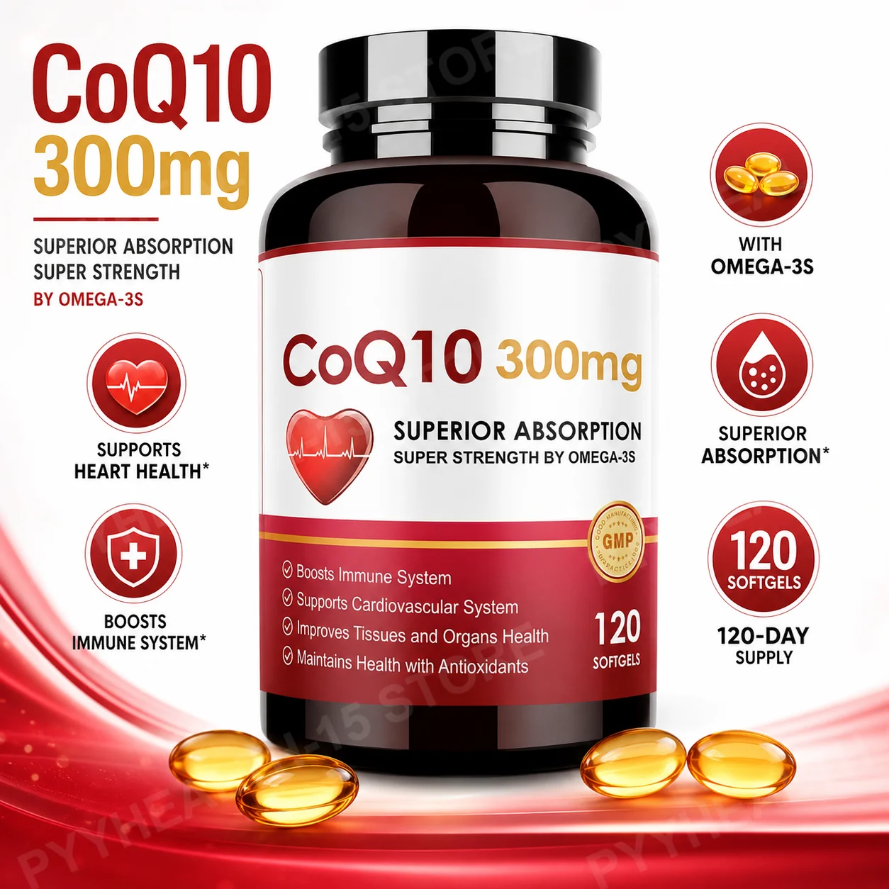 CoQ10 300mg Softgels with PQQ Omega 3 Sunflower Lecithin Black Pepper Daily Antioxidant Wellness Support Adults 120 Count
CoQ10 300mg Softgels with PQQ Omega 3 Sunflower Lecithin Black Pepper Daily Antioxidant Wellness Support Adults 120 Count