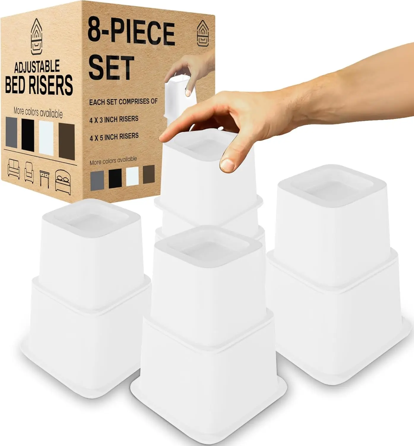 Heavy Duty Adjustable Bed Risers Furniture Riser 3, 5 Or 8-Inch, 4 Pack, 8-Piece Set (White)
Heavy Duty Adjustable Bed Risers Furniture Riser 3, 5 Or 8-Inch, 4 Pack, 8-Piece Set (White)
