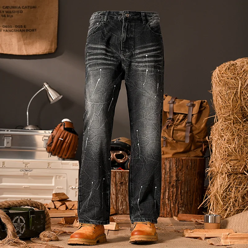 Loose straight tube spray painted denim jeans for men 2025 new style street fashion high-end Y2K black retro pants
Loose straight tube spray painted denim jeans for men 2025 new style street fashion high-end Y2K black retro pants