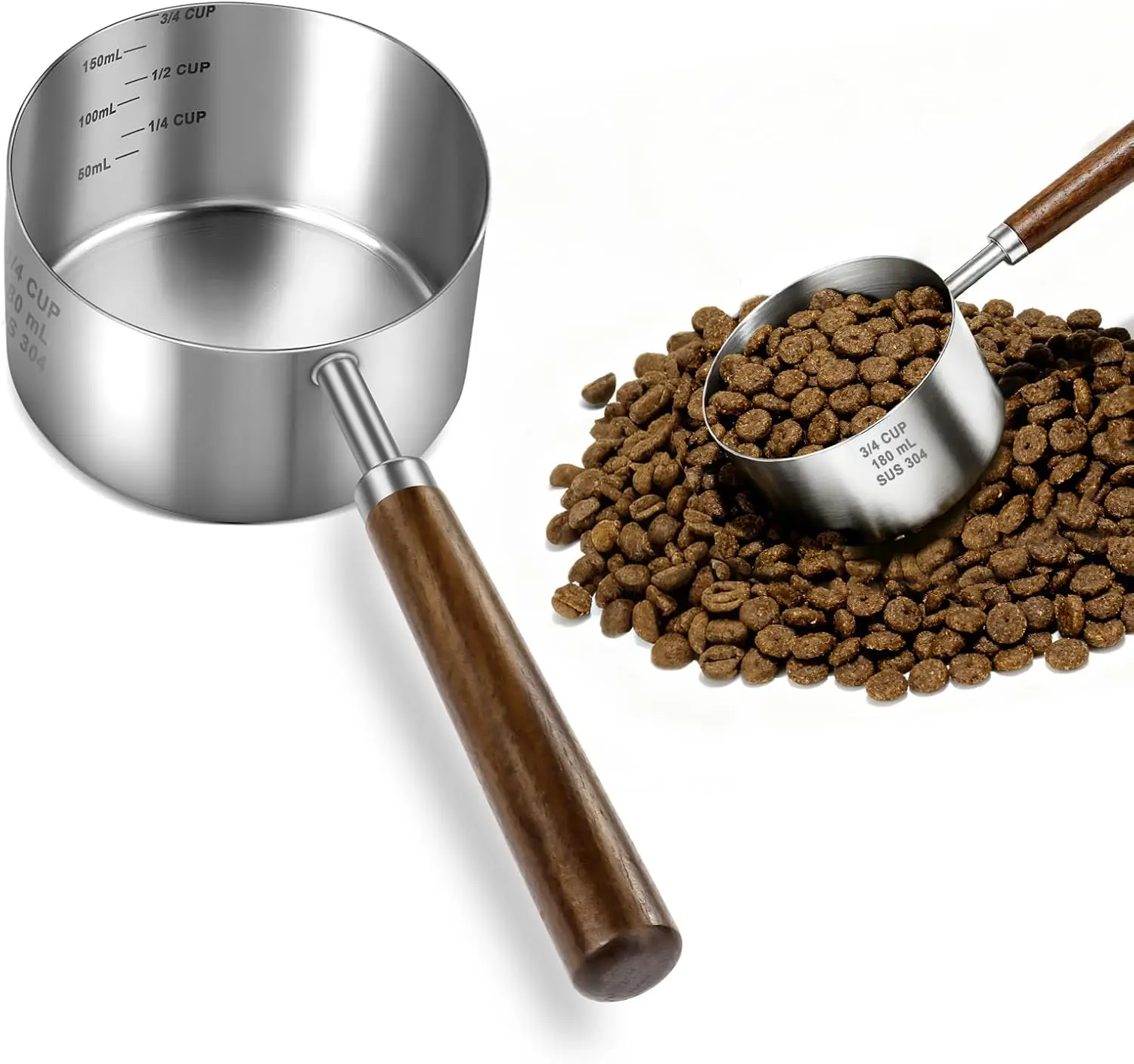 Stainless Steel Dog Food Scoop, 3/4 Cup Measuring Cup with Lines, Long Wooden Handle, Dishwasher Safe
Stainless Steel Dog Food Scoop, 3/4 Cup Measuring Cup with Lines, Long Wooden Handle, Dishwasher Safe