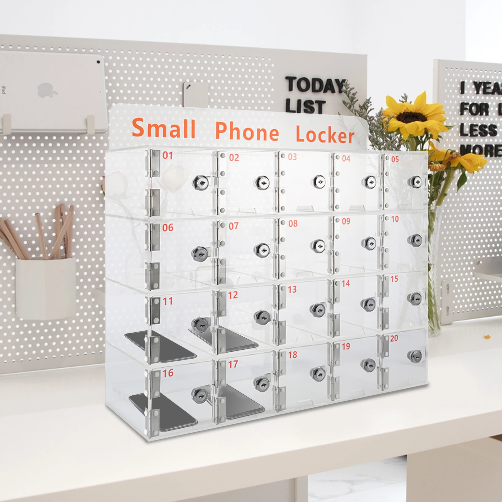 20 Bays Clear Acrylic Cell Phone Lockers with 20 Set Keys, 5 Screws and 5 Expansion Tubes for Offices, Conference Rooms, Cinemas
20 Bays Clear Acrylic Cell Phone Lockers with 20 Set Keys, 5 Screws and 5 Expansion Tubes for Offices, Conference Rooms, Cinemas