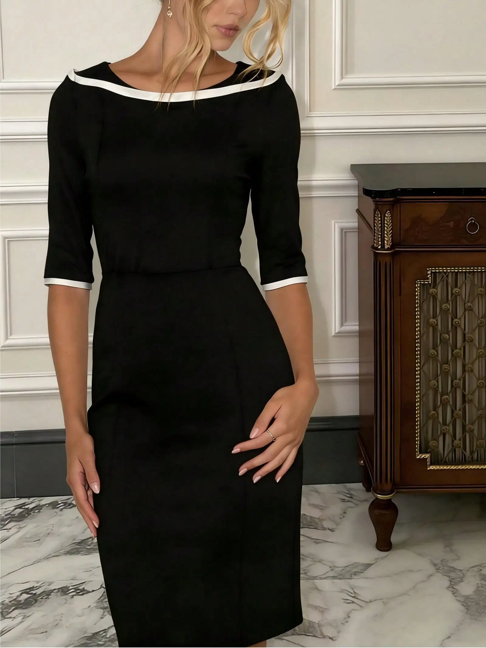 Conciso Women's Contrast Trim Boat Neck Elbow Sleeve Waist Cinched Bodycon Midi Dress Elegant Office Wear Spring Autumn
Conciso Women's Contrast Trim Boat Neck Elbow Sleeve Waist Cinched Bodycon Midi Dress Elegant Office Wear Spring Autumn