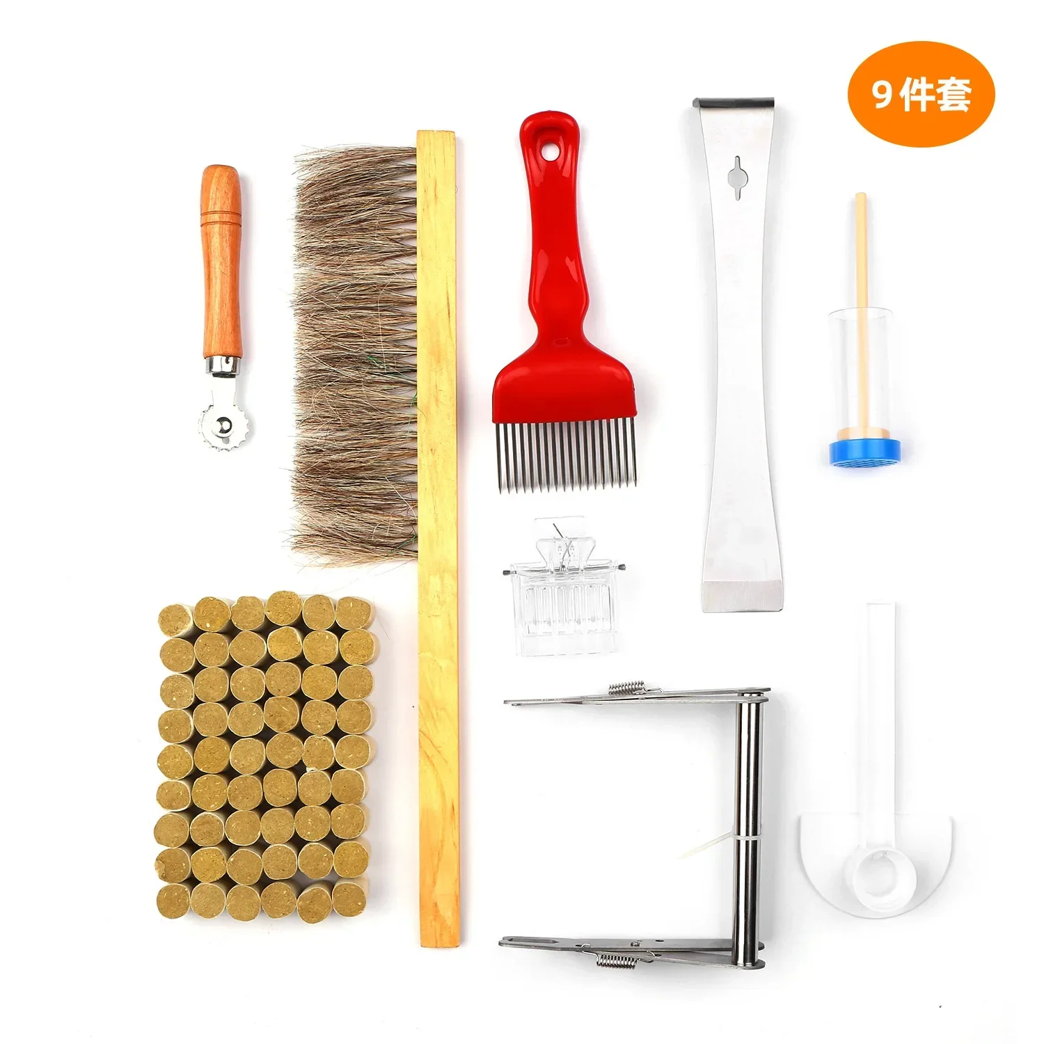 A 9-piece set of bee brush scraper, honey cutting fork, spleen lifting clip, king clamp, thread embedding device, bee tool
A 9-piece set of bee brush scraper, honey cutting fork, spleen lifting clip, king clamp, thread embedding device, bee tool