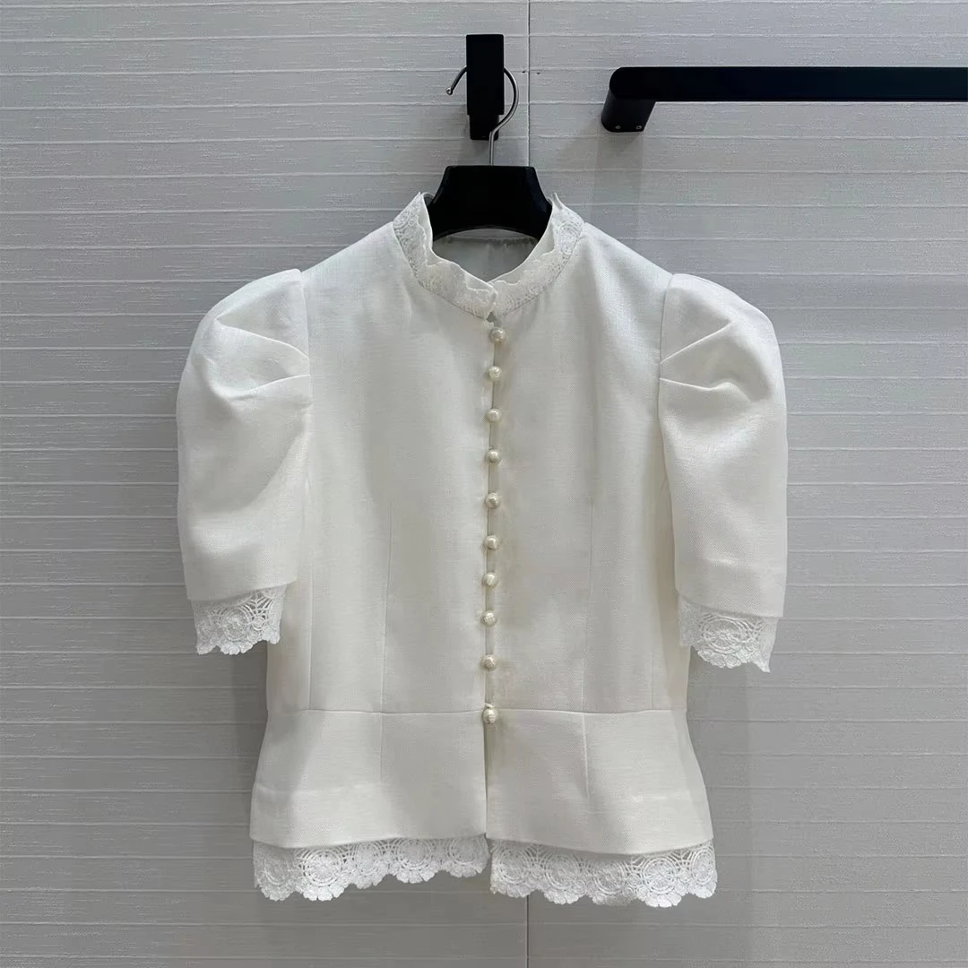 Vintage Puff Sleeve Lace Patchwork Stand Collar Pearls Buttons Sweet Women Spring Summer Casual Tops
Vintage Puff Sleeve Lace Patchwork Stand Collar Pearls Buttons Sweet Women Spring Summer Casual Tops