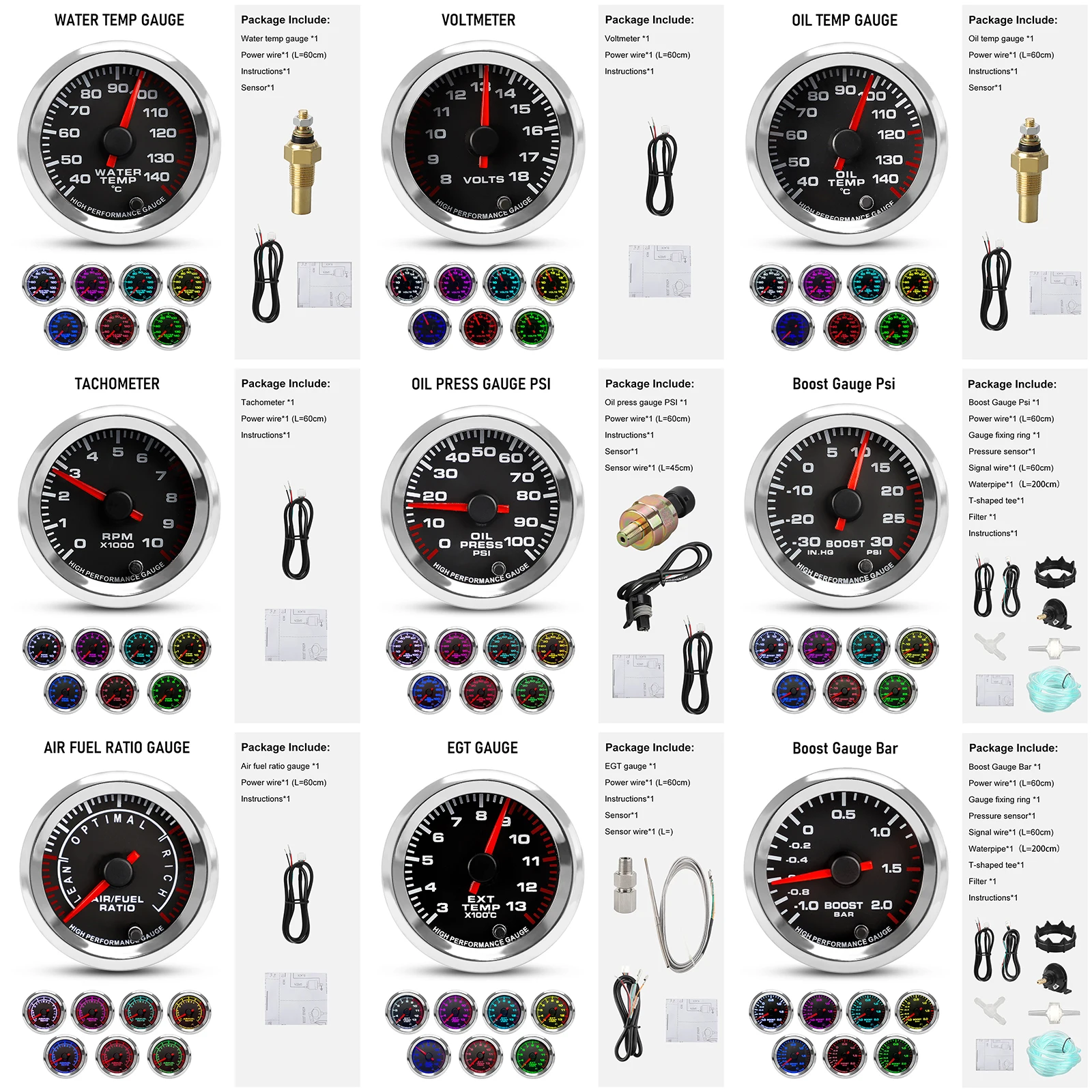 2'' 52mm 12V 7 Colors Car Oil Press Air fuel ratio Voltmeter EGT Tachometer RPM Gauge Boost Water Temperature Oil Temperature
2'' 52mm 12V 7 Colors Car Oil Press Air fuel ratio Voltmeter EGT Tachometer RPM Gauge Boost Water Temperature Oil Temperature