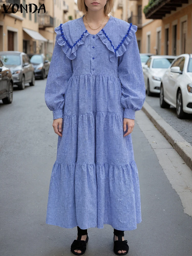 Plus Size 5XL VONDA Women Autumn Plaid Dress Peter Pan Collar Ruffled Maxi Long Vestidos Fashion Buttons Party Pleated Robe
Plus Size 5XL VONDA Women Autumn Plaid Dress Peter Pan Collar Ruffled Maxi Long Vestidos Fashion Buttons Party Pleated Robe