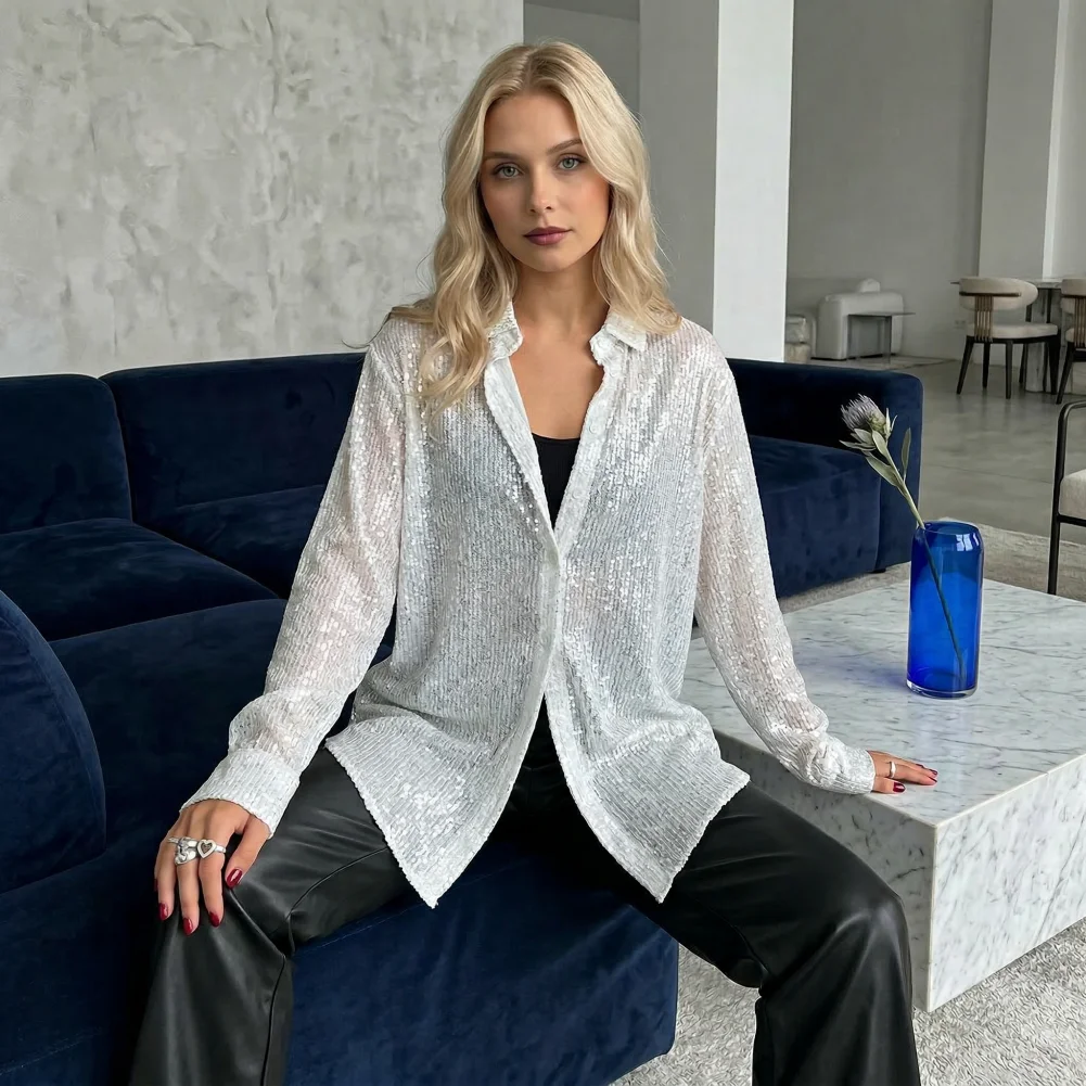 Women Long Sleeve Shirt Ribbed Fabric Top Women’s Shiny Sequin Shirt Top Long Sleeve Lapel Cardigan Blouse Loose Fit for Women
Women Long Sleeve Shirt Ribbed Fabric Top Women’s Shiny Sequin Shirt Top Long Sleeve Lapel Cardigan Blouse Loose Fit for Women
