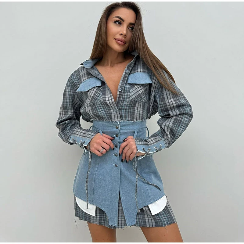 Shpmishal Lapel Color Blocked Shirt Waist Irregular Hem Short Skirt Set Woman Loose Long Plaid Shirt Patchwork Women Denim Suits
Shpmishal Lapel Color Blocked Shirt Waist Irregular Hem Short Skirt Set Woman Loose Long Plaid Shirt Patchwork Women Denim Suits