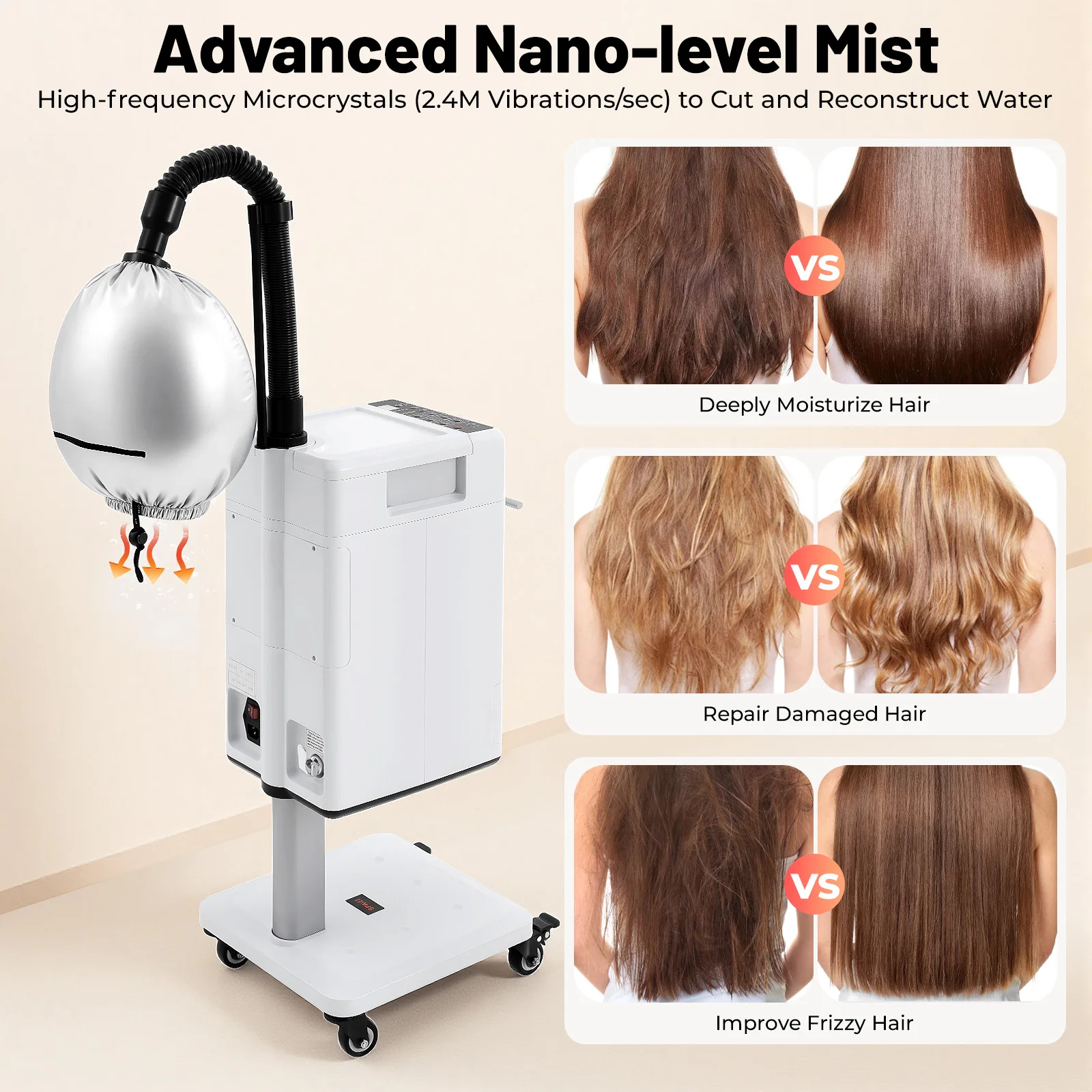 500W Nano Hair Steamer Machine Multifunctional Hair Dyeing Machine Nano Hair Steamer Machine with Wheels LCD Display
500W Nano Hair Steamer Machine Multifunctional Hair Dyeing Machine Nano Hair Steamer Machine with Wheels LCD Display