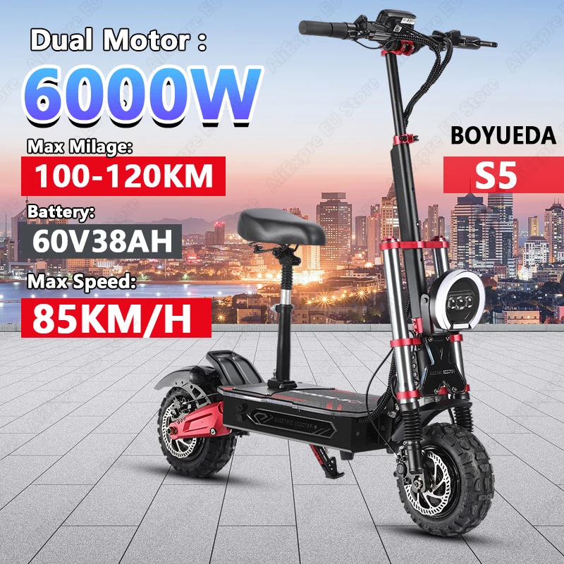 Boyueda S5 Electric scooter 6000WMotor 60v38AH Battery 11 Inch AdultOff-road Escooters 85km/h DoubleDrive Version E-5cooter
Boyueda S5 Electric scooter 6000WMotor 60v38AH Battery 11 Inch AdultOff-road Escooters 85km/h DoubleDrive Version E-5cooter