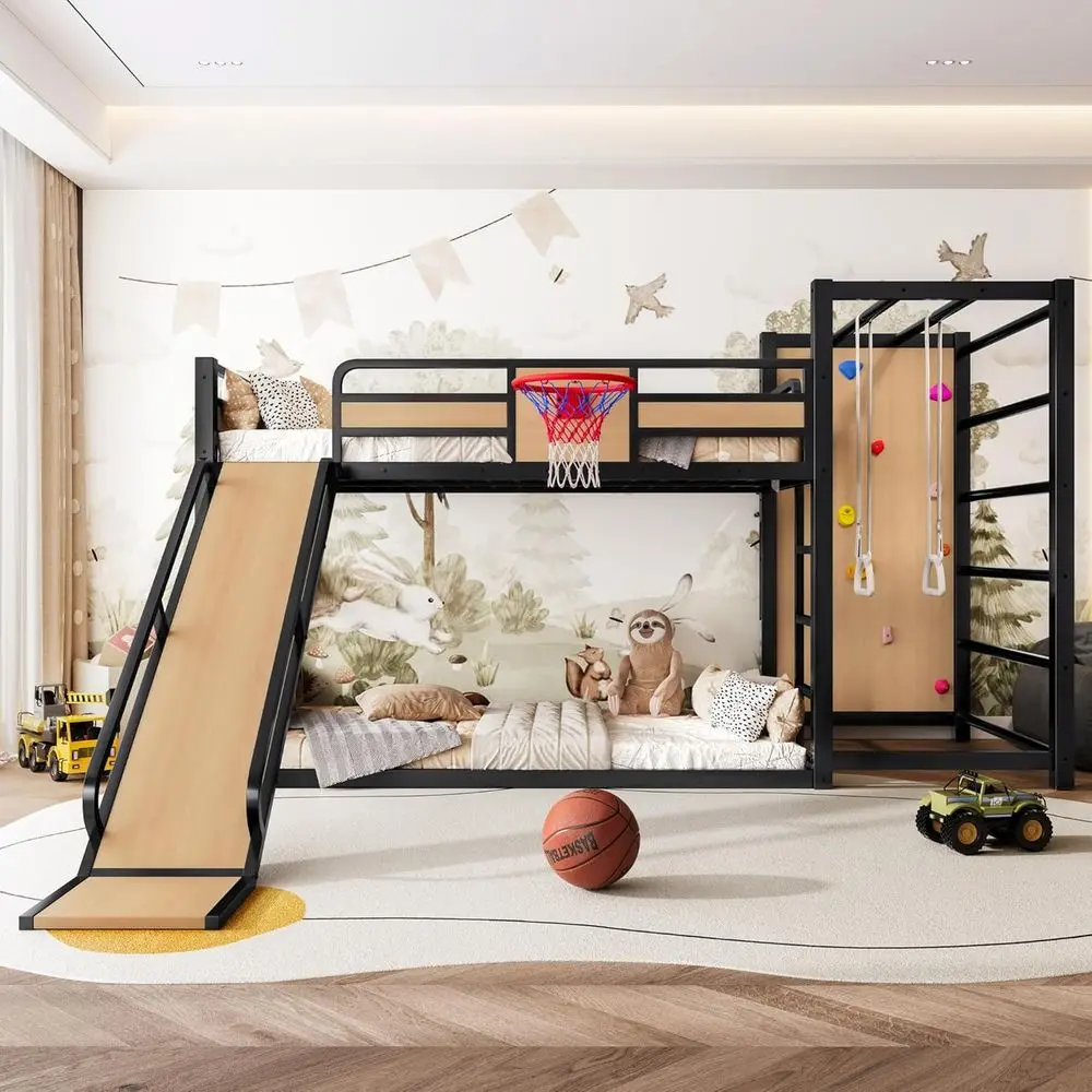 Durable Metal Twin Bed with Slide, Basketball Hoop, Rings, Climbing Wall, and Shelves - Playful Yellow Children's Bed
Durable Metal Twin Bed with Slide, Basketball Hoop, Rings, Climbing Wall, and Shelves - Playful Yellow Children's Bed
