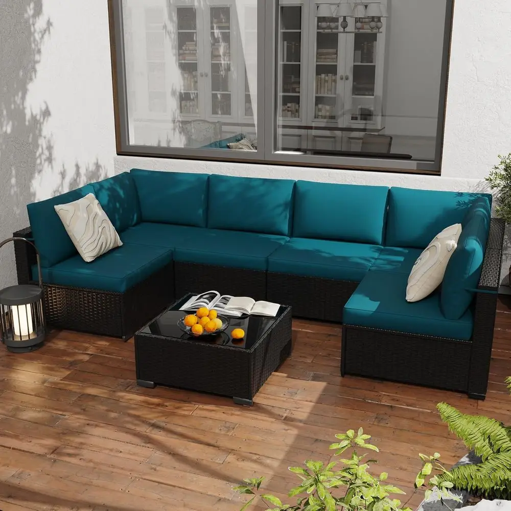 All-Weather Outdoor Sectional Sofa Set with Cushions and Easy-Clean Coffee Table - Black/Blue
All-Weather Outdoor Sectional Sofa Set with Cushions and Easy-Clean Coffee Table - Black/Blue