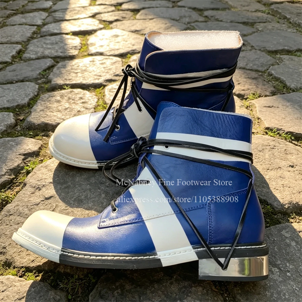 Blue White Color Block Leather Lace up Ankle Boots with Metallic Heel Plate Men Round Toe Casual Boots Street Fashion Men Shoes
Blue White Color Block Leather Lace up Ankle Boots with Metallic Heel Plate Men Round Toe Casual Boots Street Fashion Men Shoes
