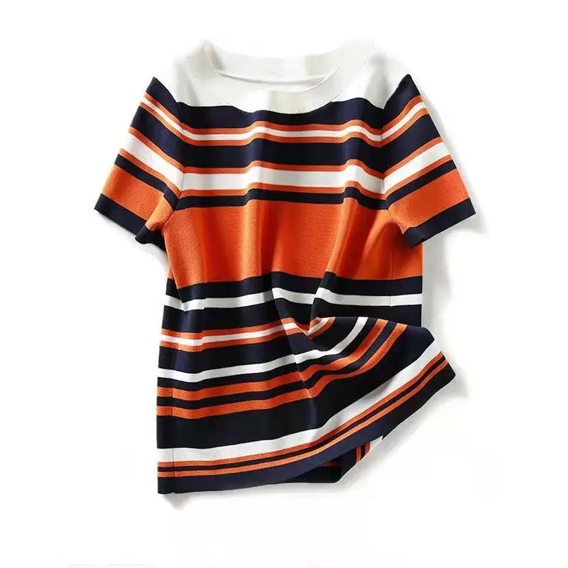 TuangBiang 2023 Summer Spring Striped O-Neck Pullover Mercerized Cotton Women Knitted T-Shirts Ladies Thin Loose Elasticity Tops
TuangBiang 2023 Summer Spring Striped O-Neck Pullover Mercerized Cotton Women Knitted T-Shirts Ladies Thin Loose Elasticity Tops