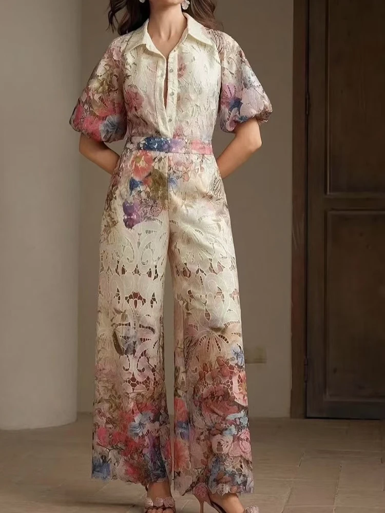 Summer new women's pants single-breasted short-sleeved embroidered hollow shirt high waist wide leg pants fashion two-piece suit
Summer new women's pants single-breasted short-sleeved embroidered hollow shirt high waist wide leg pants fashion two-piece suit