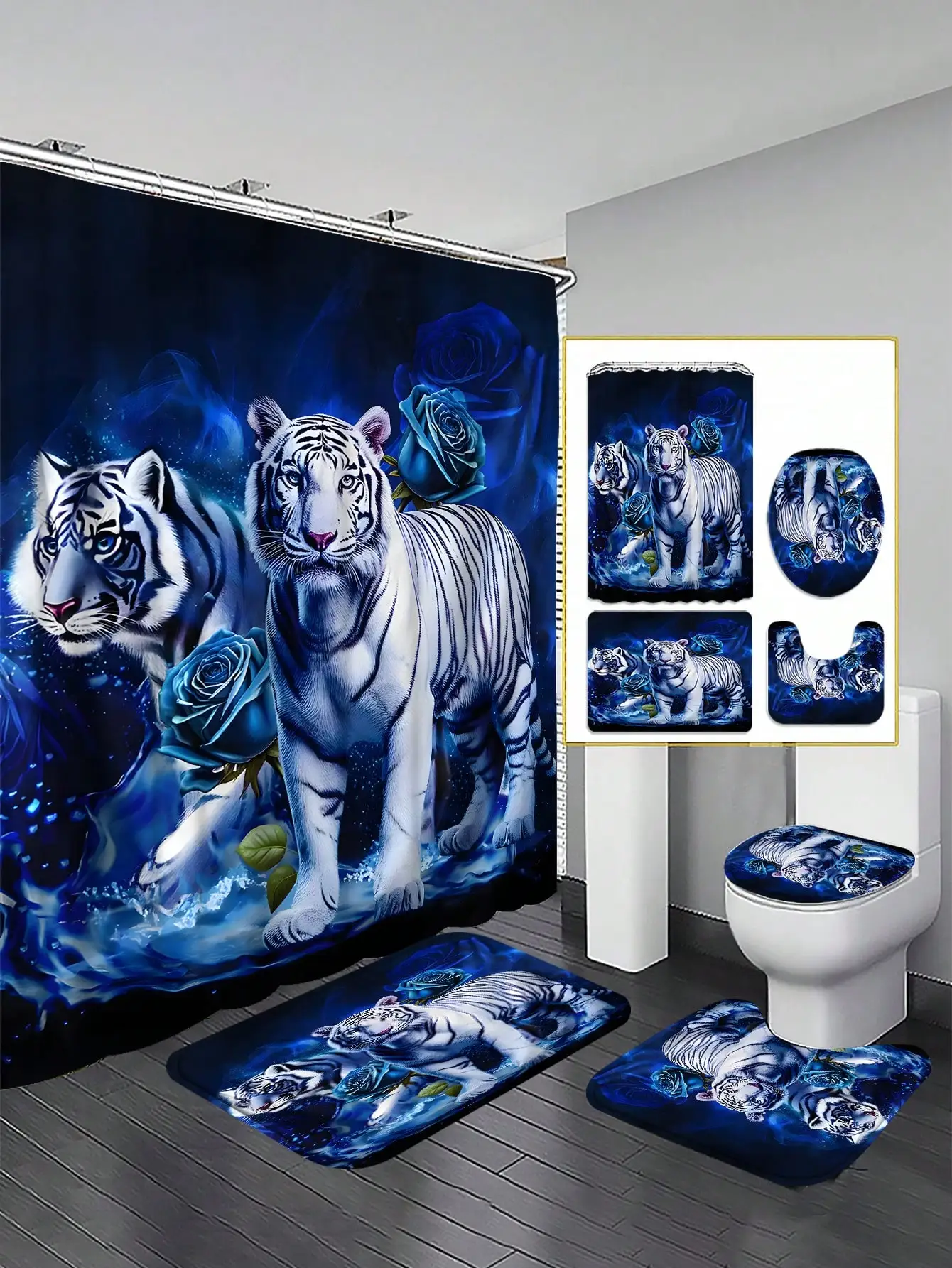 4PCS Blue Rose And Tiger Shadow Pattern Shower Curtain Set. It Includes A Waterproof Shower Curtain For Bathtub Partition, A Waterproof Bathroom Partition Curtain With 12 Hooks, A Non - Slip Bath Mat, A Toilet U - Shaped Pad, And A Toilet Lid Cover Pad
4PCS Blue Rose And Tiger Shadow Pattern Shower Curtain Set. It Includes A Waterproof Shower Curtain For Bathtub Partition, A Waterproof Bathroom Partition Curtain With 12 Hooks, A Non - Slip Bath Mat, A Toilet U - Shaped Pad, And A Toilet Lid Cover Pad