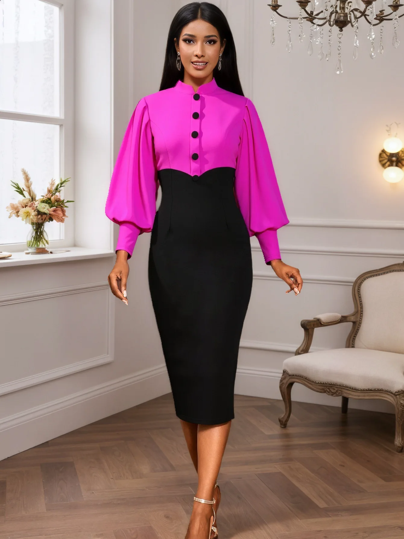 Fashionable stand-up collar button contrasting color party dress, puffed sleeves, cinched waist and elegant hip-hugging dress
Fashionable stand-up collar button contrasting color party dress, puffed sleeves, cinched waist and elegant hip-hugging dress