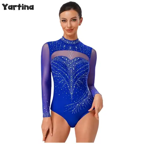 Womens Gymnastics Artistic Figure Skating Costume Ballet Jersey Jumpsuit Sparkly Rhinestone Leotards Performance Dance Outfits