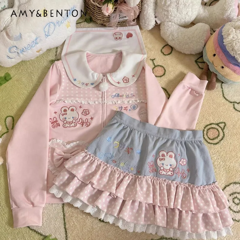 Japanese Spring Summer Original Sweet Cute Embroidery Doll Collar Pocket Zipper Long Sleeve Top with Layered Skirt Suit Women
Japanese Spring Summer Original Sweet Cute Embroidery Doll Collar Pocket Zipper Long Sleeve Top with Layered Skirt Suit Women