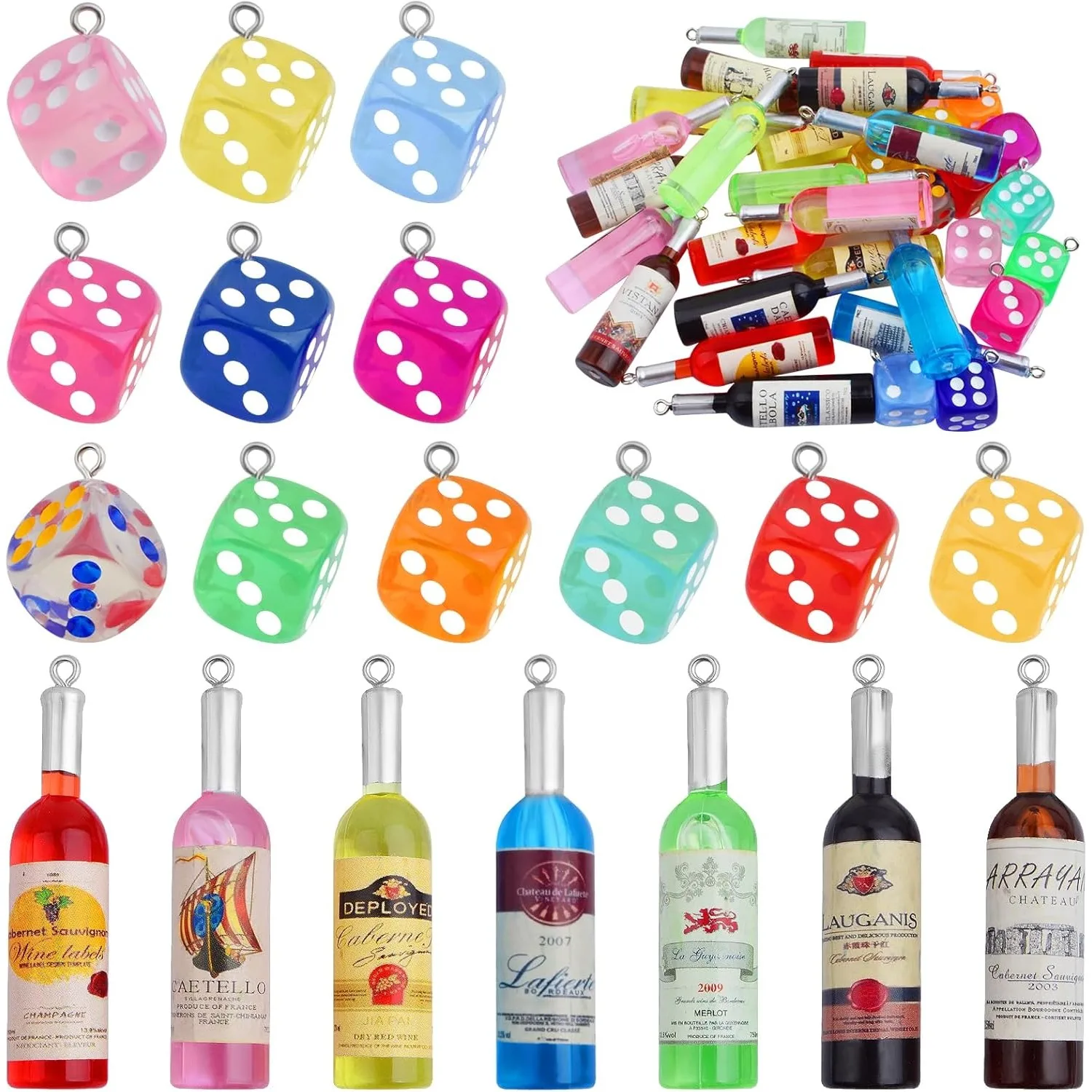 21pcs Resin Wine Bottle Charms Plastic Random Colors Wine Bottles Label Pendants and 12pcs Clear Colorful Dice Dangle Charms
21pcs Resin Wine Bottle Charms Plastic Random Colors Wine Bottles Label Pendants and 12pcs Clear Colorful Dice Dangle Charms