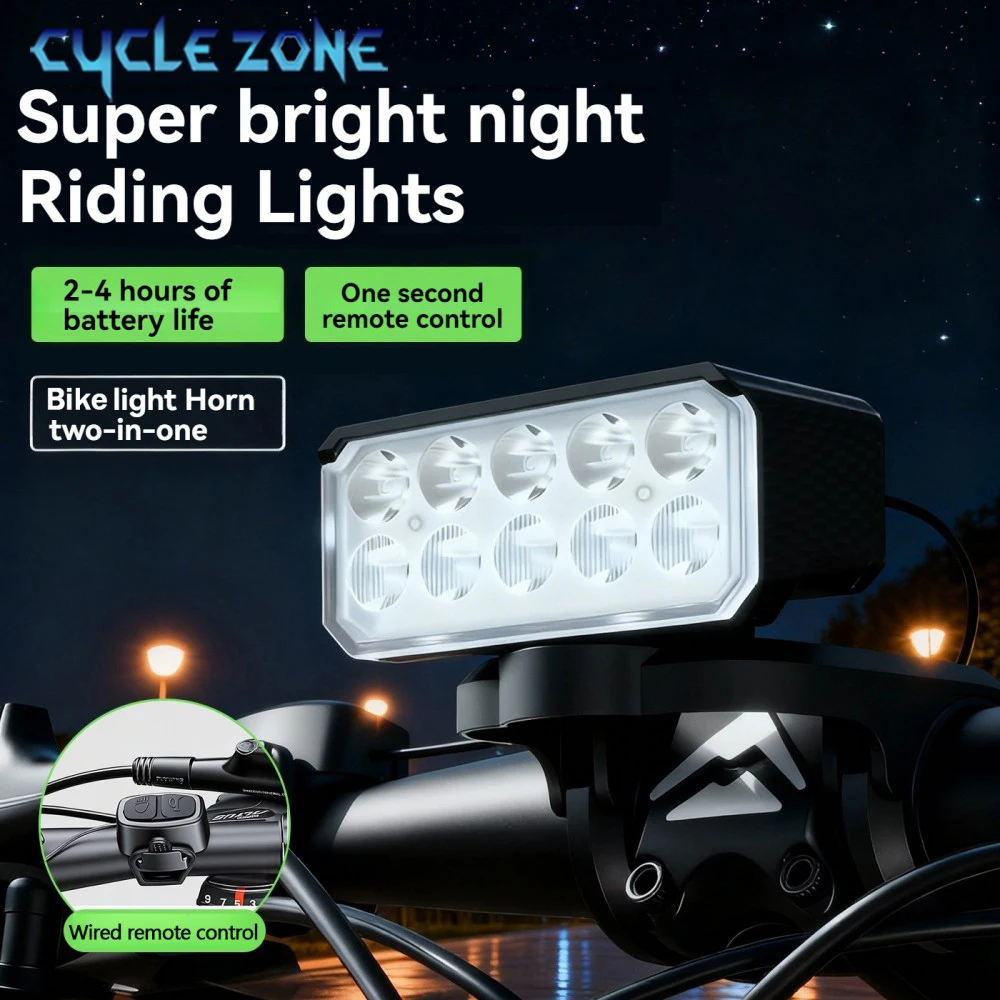 10 LED 9 Modes Bicycle Horn Light Remote Control Type-C Headlight for MTB Road Bike Night Riding Flashlight Cycling Accessories
10 LED 9 Modes Bicycle Horn Light Remote Control Type-C Headlight for MTB Road Bike Night Riding Flashlight Cycling Accessories