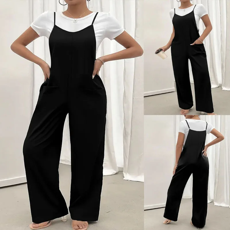 Womens Black Spaghetti Strap Wide Leg Jumpsuit With Pockets Loose Fit Casual Overalls Summer Daily Wear
Womens Black Spaghetti Strap Wide Leg Jumpsuit With Pockets Loose Fit Casual Overalls Summer Daily Wear