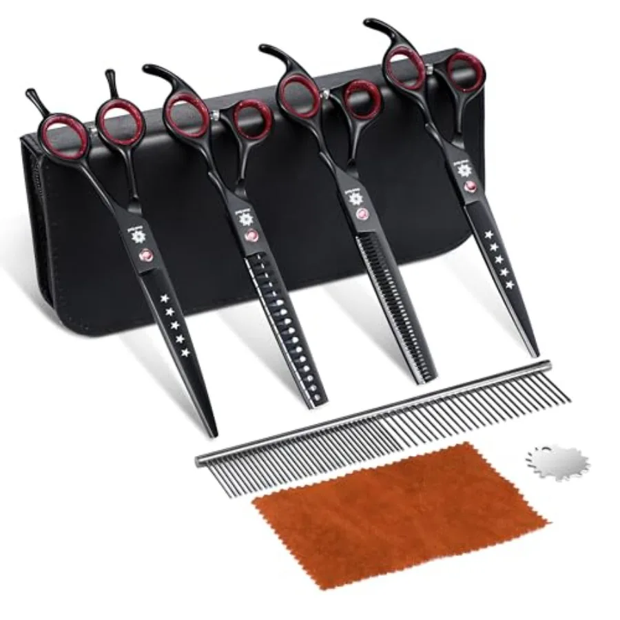 Dog Groomg Scissors -"Professional 6 1 Sharp Dog Shears Set Thng, Chunker, Straight, Curved Shears and Comb for Dog Cat Pet
Dog Groomg Scissors -"Professional 6 1 Sharp Dog Shears Set Thng, Chunker, Straight, Curved Shears and Comb for Dog Cat Pet