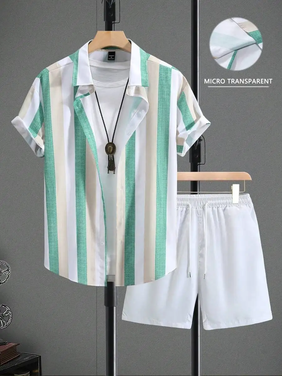 Mens Striped Short Sleeve Casual Shirt And Shorts Set
Mens Striped Short Sleeve Casual Shirt And Shorts Set