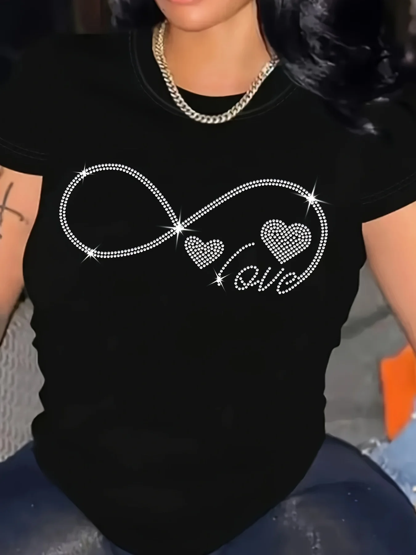 Plus - Size Black Round Neck T - Shirt with Rhinestone - Embellished Infinity Love Design: Glamorous and Stylish
Plus - Size Black Round Neck T - Shirt with Rhinestone - Embellished Infinity Love Design: Glamorous and Stylish