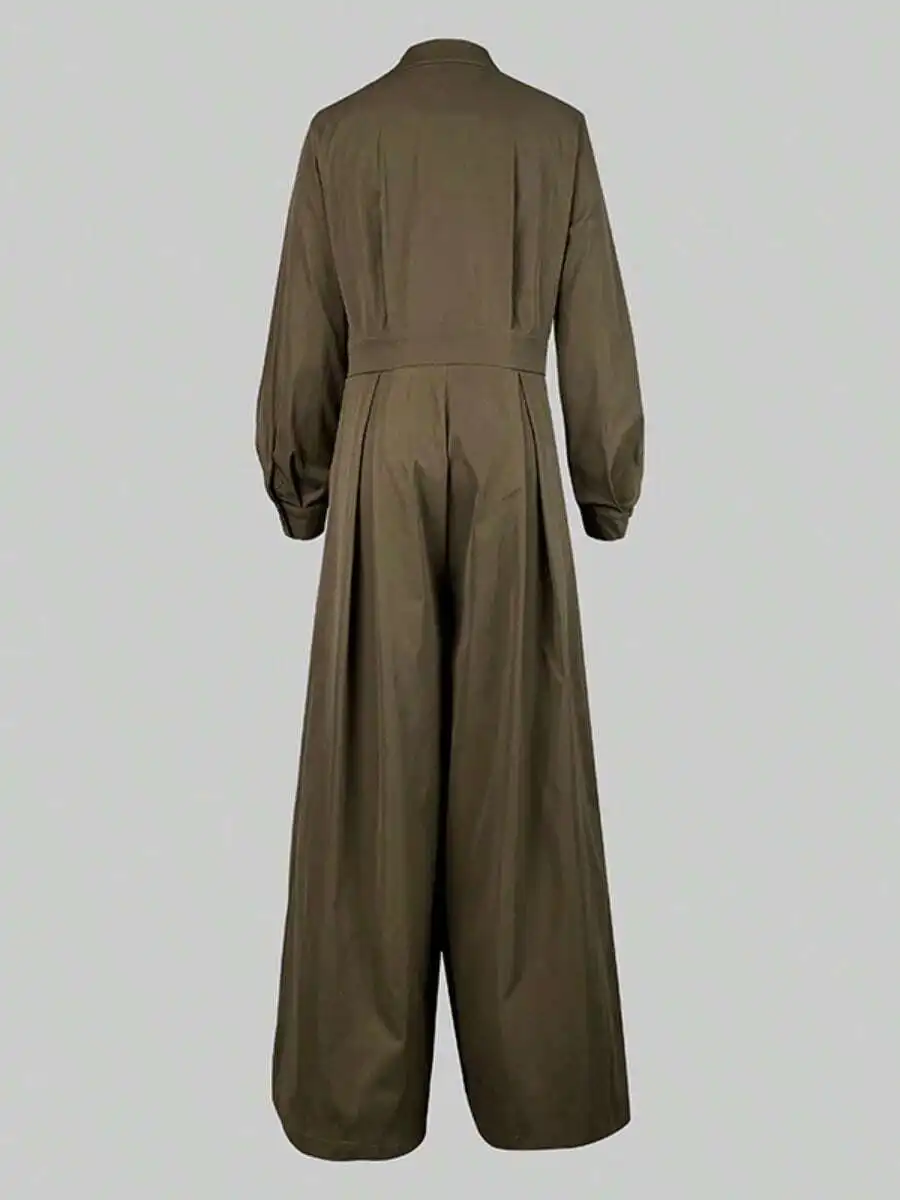 Olive Green High-Waisted Pleated Wide-Leg Jumpsuit With Long Sleeves And Round Neck For Spring Autumn Casual Wear
Olive Green High-Waisted Pleated Wide-Leg Jumpsuit With Long Sleeves And Round Neck For Spring Autumn Casual Wear