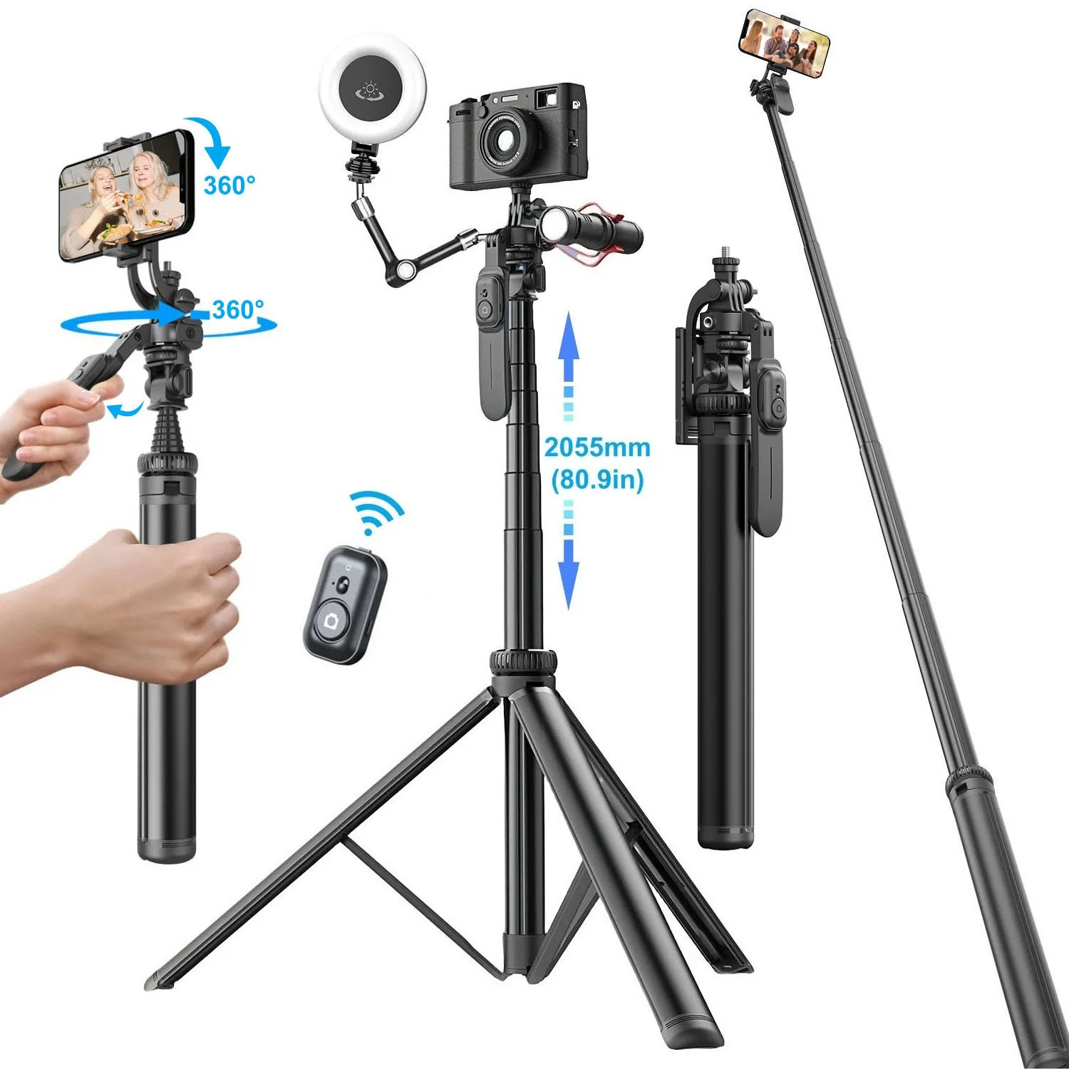 Selfie Stick Tripod with Remote for iPhone Phone Gopro DSLR Camera, 2.0m Extendable Phone Tripod Cold Shoe Mount for Vlog Videos
Selfie Stick Tripod with Remote for iPhone Phone Gopro DSLR Camera, 2.0m Extendable Phone Tripod Cold Shoe Mount for Vlog Videos