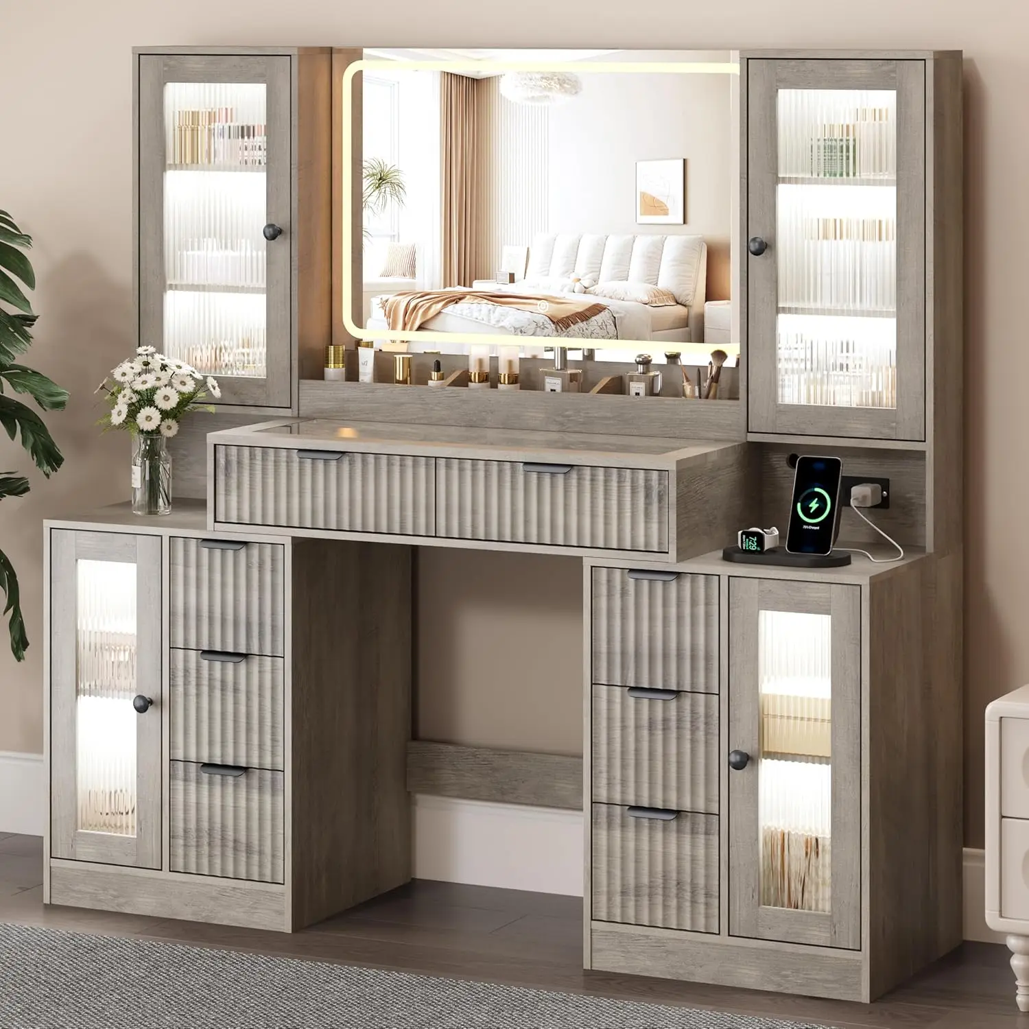Vanity Desk with Mirror and Lights, 8 Drawers, 4 Cabinets, Glass Top, RGB Lighting, 3-Tone Dimmable Mirror, Charging Port
Vanity Desk with Mirror and Lights, 8 Drawers, 4 Cabinets, Glass Top, RGB Lighting, 3-Tone Dimmable Mirror, Charging Port