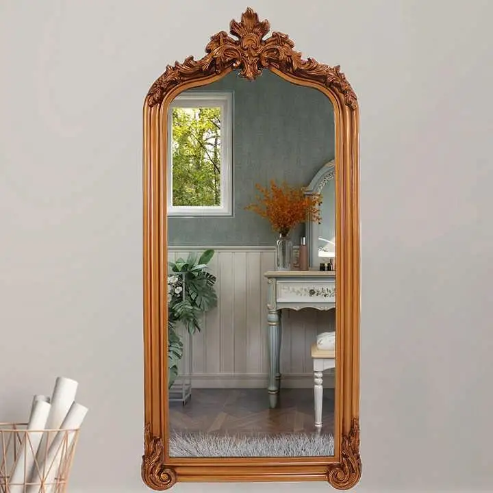 Antique French wall wood mirror oversized decorative arched gold wood frame standing full size floor mirror
Antique French wall wood mirror oversized decorative arched gold wood frame standing full size floor mirror