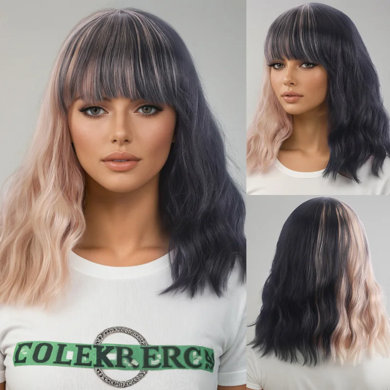 European American style women's wigs, shoulder-length curly hair with color blocking and bangs, small wavy curls for African
European American style women's wigs, shoulder-length curly hair with color blocking and bangs, small wavy curls for African