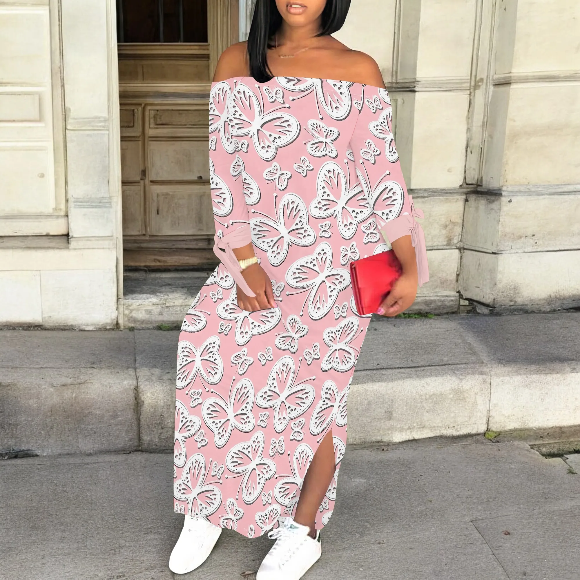 Elegant Pink Feather Print Maxi Dress Off Shoulder Slim Fit Long Sleeve Dress for Women Spring Holiday Look
Elegant Pink Feather Print Maxi Dress Off Shoulder Slim Fit Long Sleeve Dress for Women Spring Holiday Look