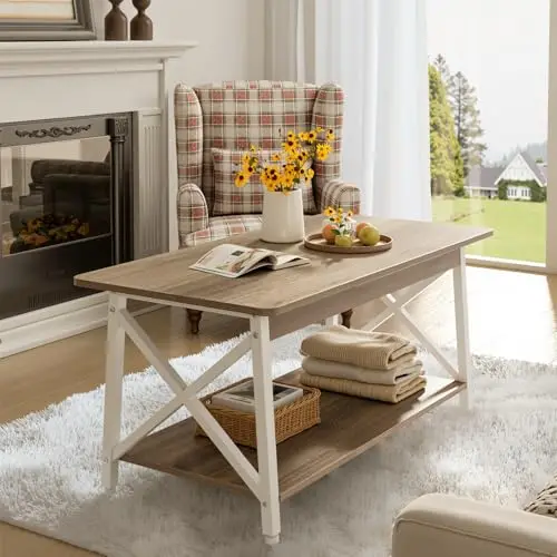Two-Tier Farmhouse Living Room Coffee Table 39.4 Inch With Rounded Edges And Bottom Shelf Storage
Two-Tier Farmhouse Living Room Coffee Table 39.4 Inch With Rounded Edges And Bottom Shelf Storage