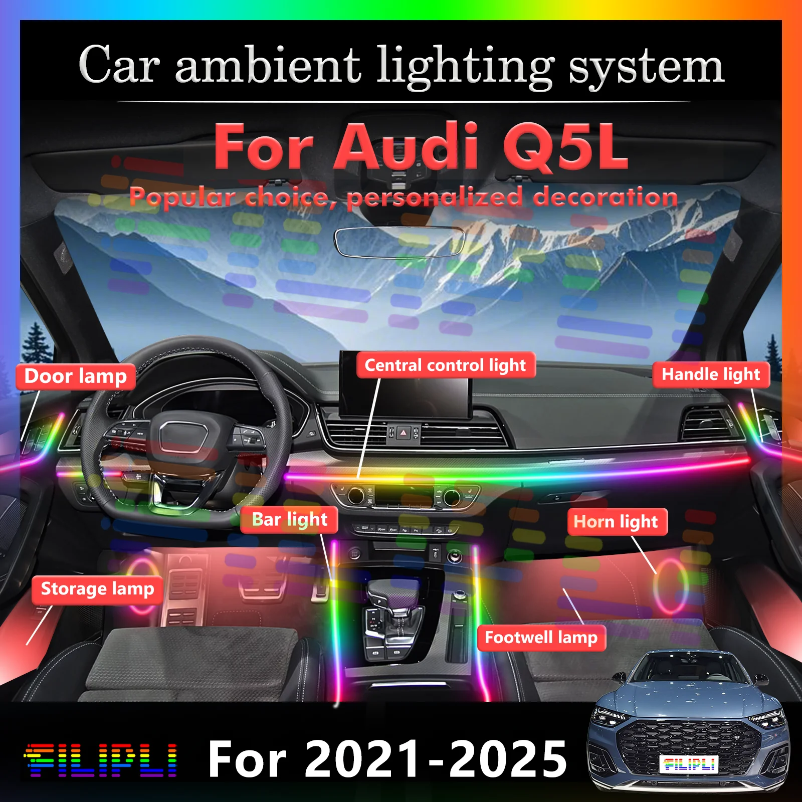 For Audi Q5L Auto Interior LED Multi-color Ambient Light, Smart Control Decorative Lamp
For Audi Q5L Auto Interior LED Multi-color Ambient Light, Smart Control Decorative Lamp