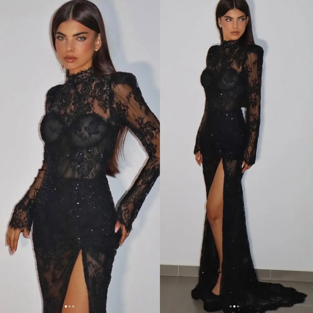 Customized Lace Sequined Evening Dress High Neck Full Sleeves Sexy High Split Arabic Prom Gowns Backless Prom Gowns
Customized Lace Sequined Evening Dress High Neck Full Sleeves Sexy High Split Arabic Prom Gowns Backless Prom Gowns