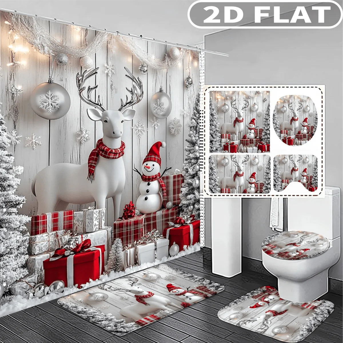 4pcs 2D FLAT Christmas Deer Snowman Gift Pattern Shower Curtain Set, with 3pc Bath Mat and 1pc Curtains Perfect for Home Decor
4pcs 2D FLAT Christmas Deer Snowman Gift Pattern Shower Curtain Set, with 3pc Bath Mat and 1pc Curtains Perfect for Home Decor
